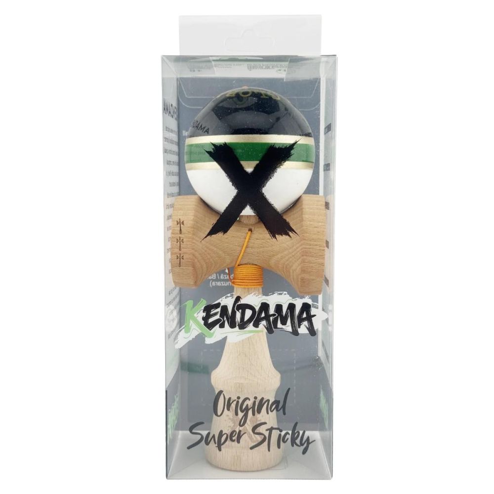 Jucarie de indemanare din lemn, Kendama X, Royal Spike Flippy, Super Sticky, 18 cm, Negru Verde, Gold Alb