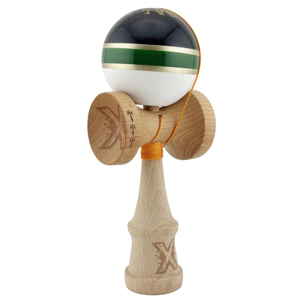 Jucarie de indemanare din lemn, Kendama X, Royal Spike Flippy, Super Sticky, 18 cm, Negru Verde, Gold Alb