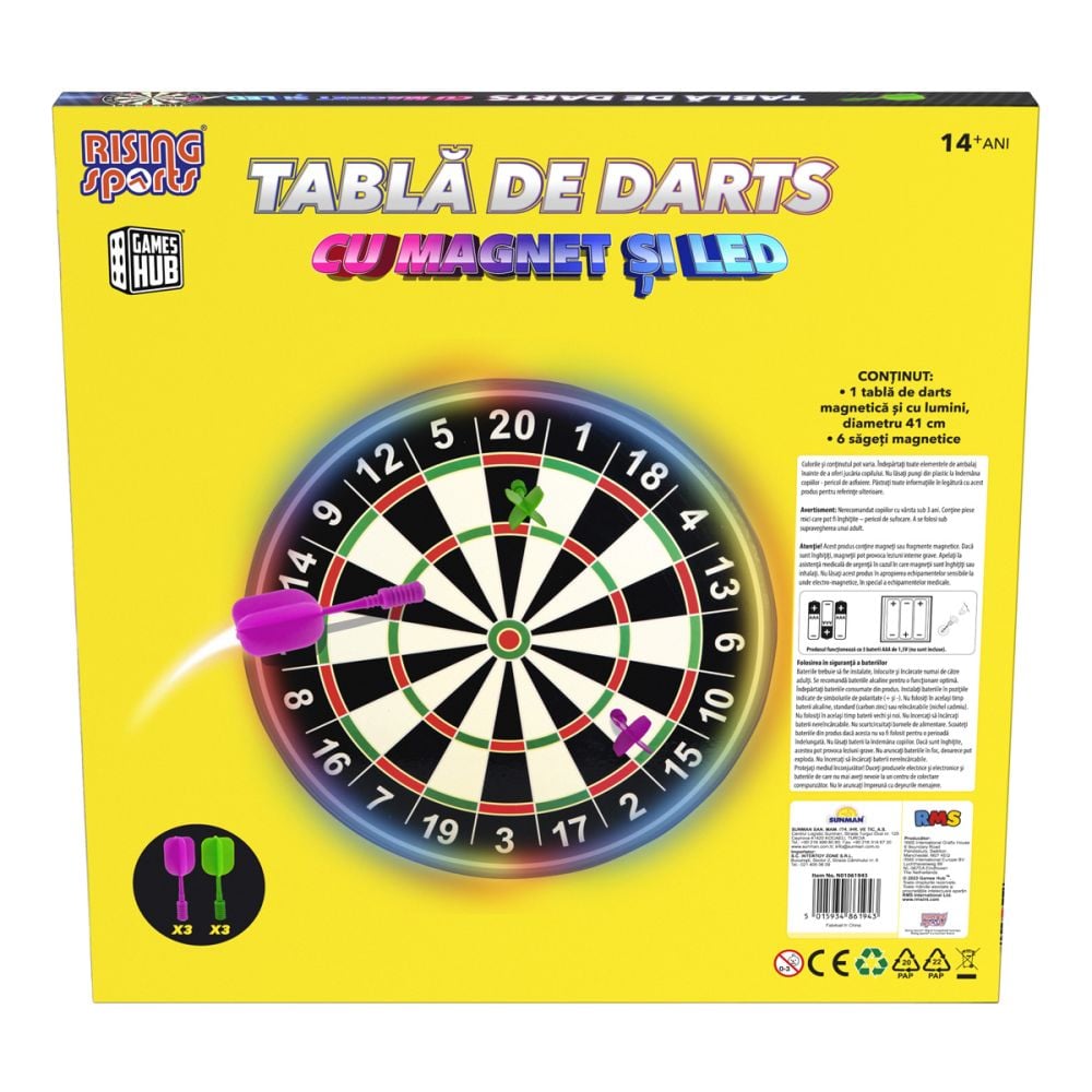 Tabla de darts cu magnet si lumini LED, Rising Sports, 41 cm