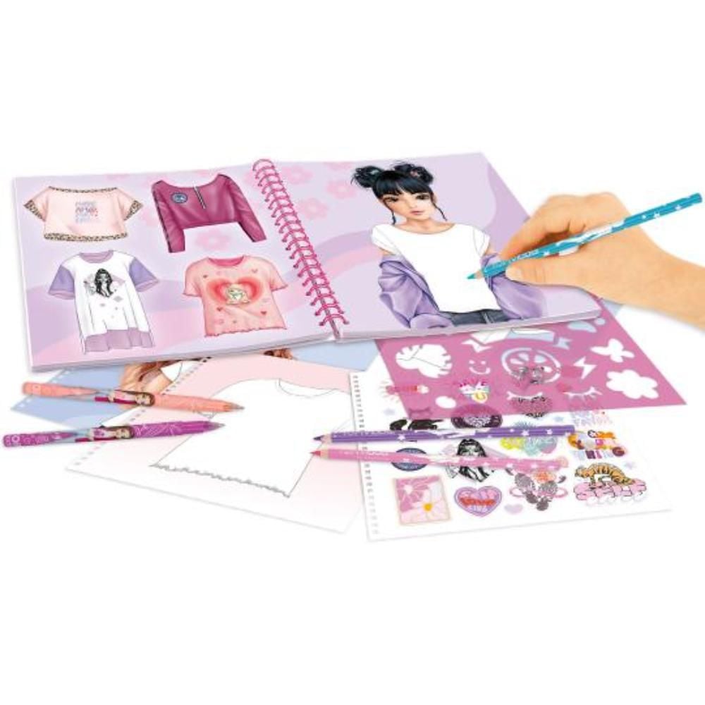 Carte de colorat cu sabloane si stickere, Depesche, TopModel T-Shirt Designer