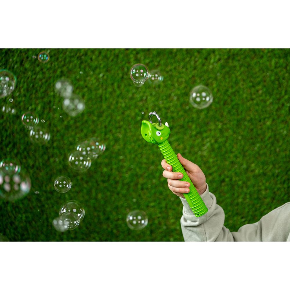 Set dispozitiv baloane de sapun si solutie, Fru Blu, Dino Bubble Catcher, 400 ml