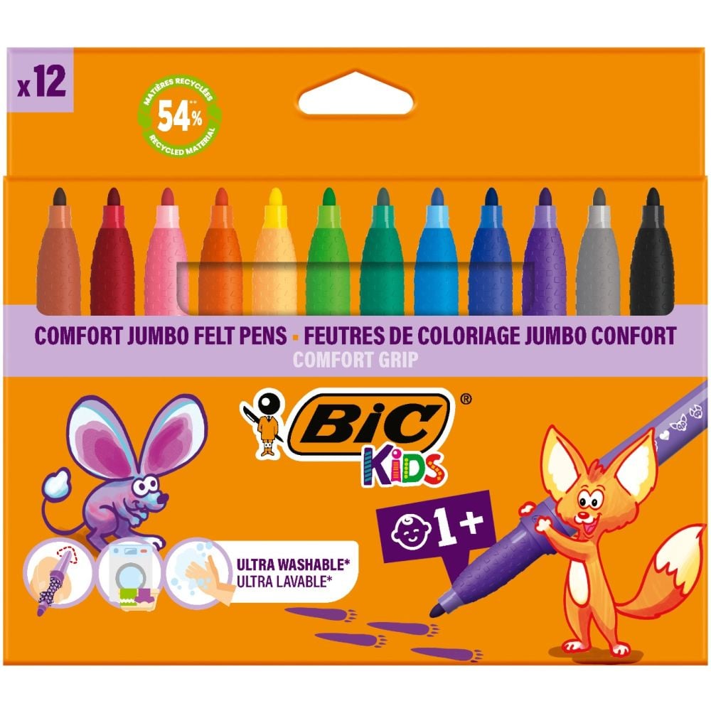Set 12 markere de colorat, Bic, Kids Confort Jumbo, 4,5mm