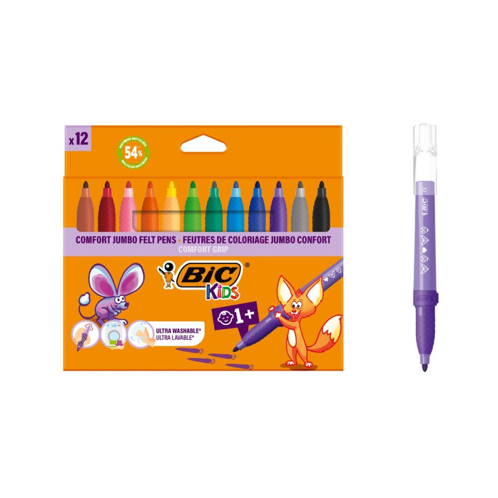 Set 12 markere de colorat, Bic, Kids Confort Jumbo, 4,5mm