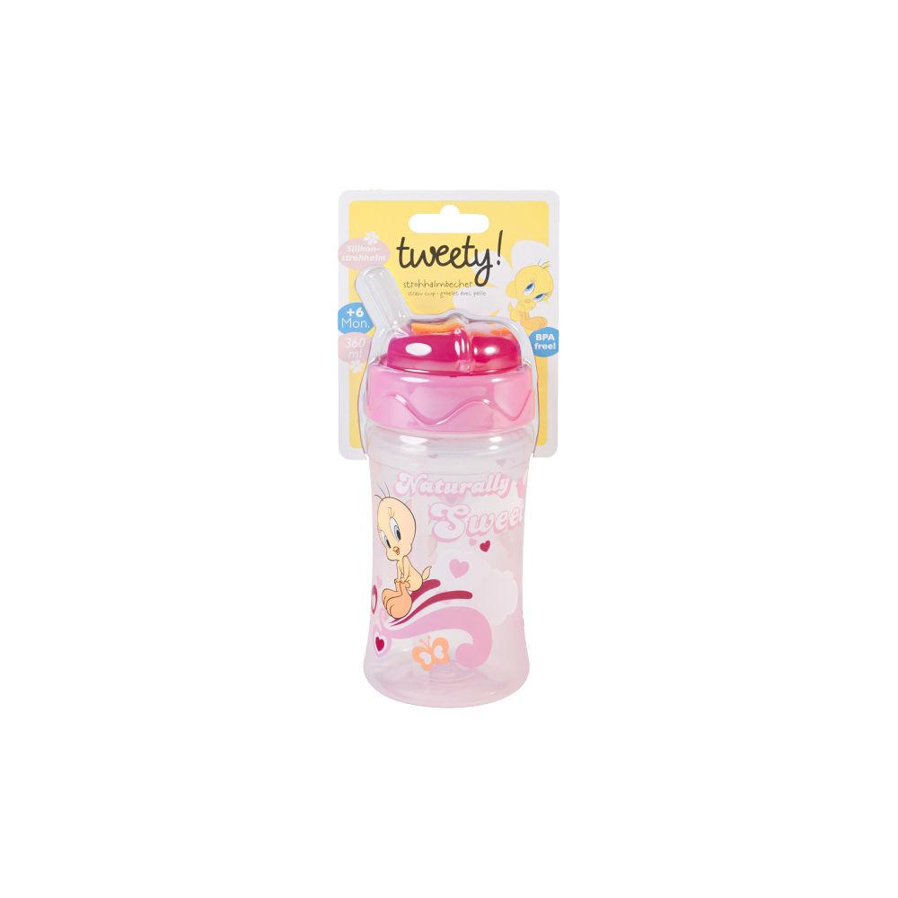 Pahar cu pai din silicon Looney Tunes Tweety Naturally Sweet, 340ml