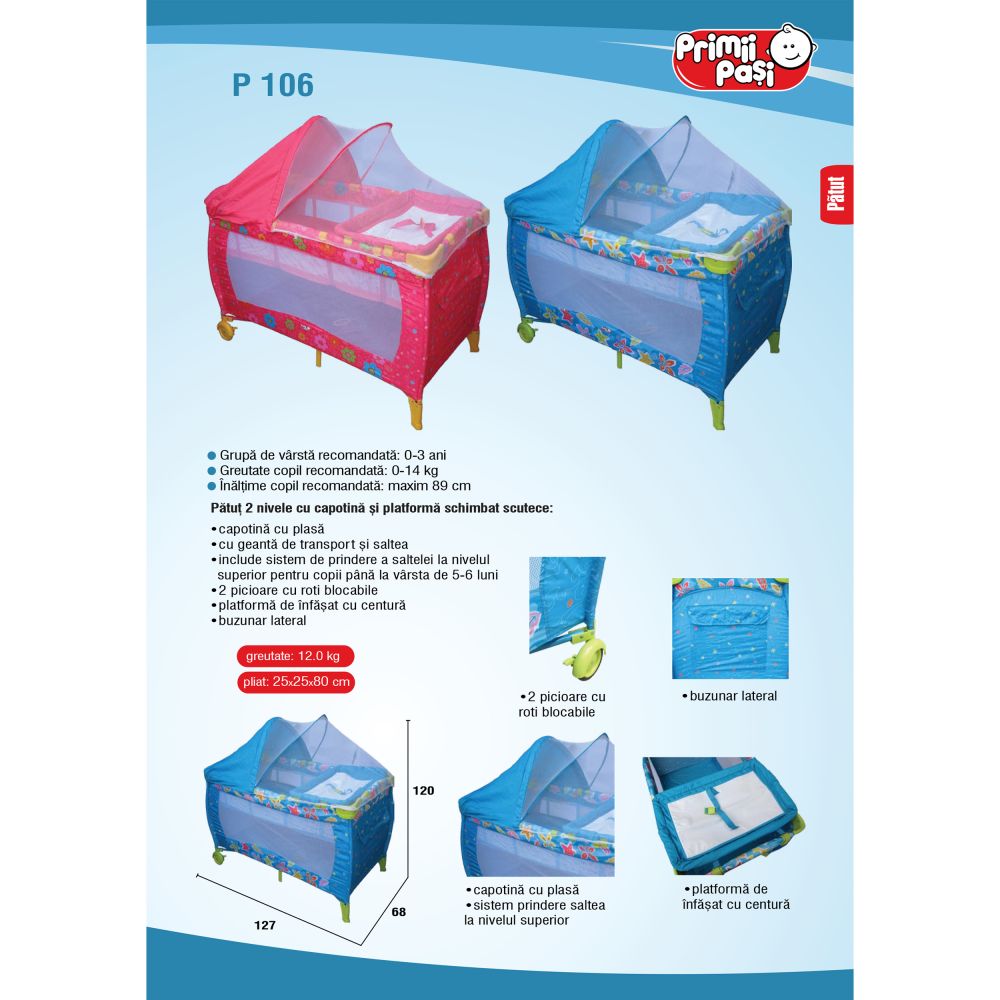 Patut pliabil 2 nivele Primii Pasi, Bleu