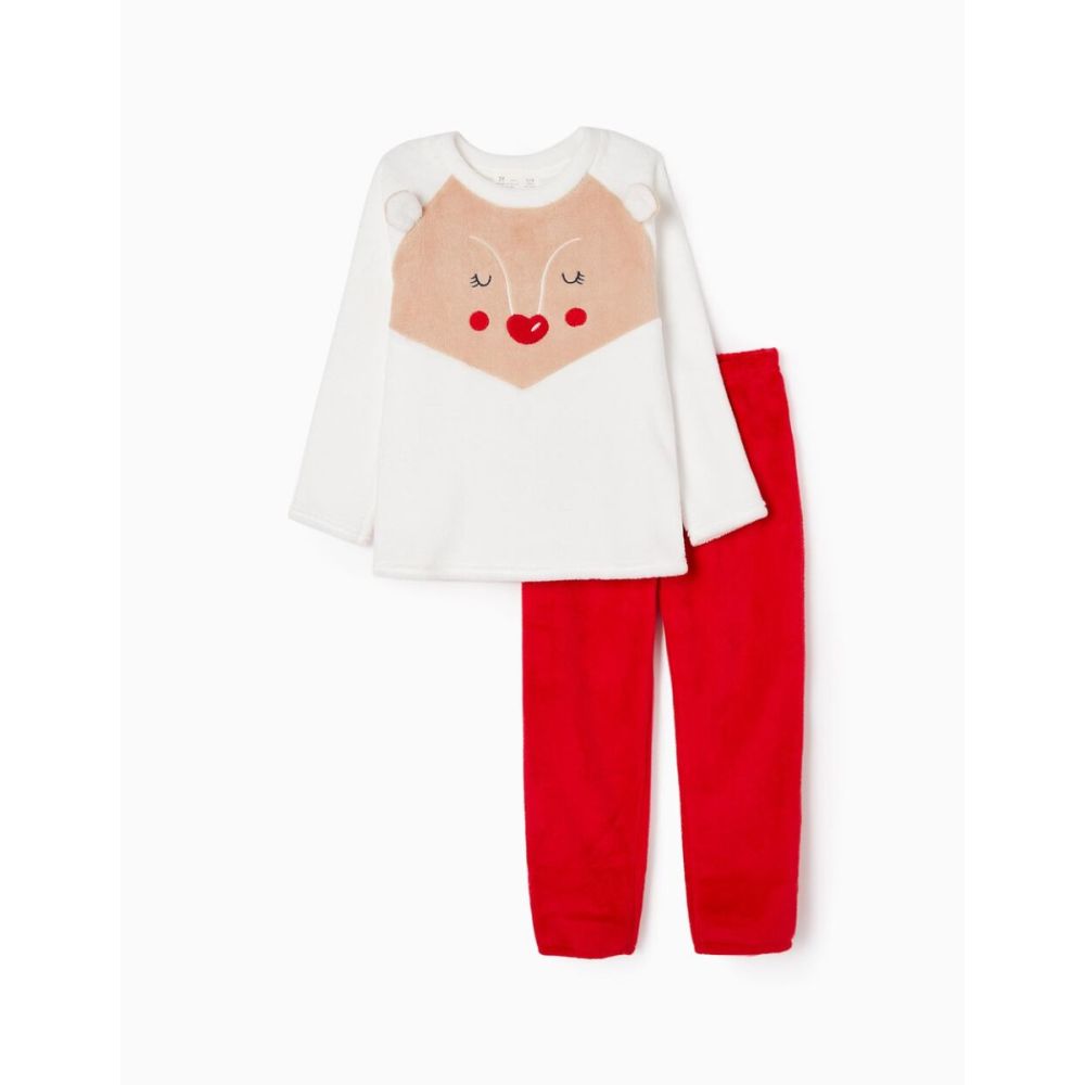 Pijama din fleece cu maneca lunga si imprimeu Christmas, Zippy, alb-rosu