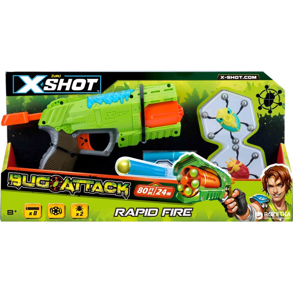 Set X-Shot Bug Attack Rapid Fire cu 8 proiectile si 2 tinte mobile