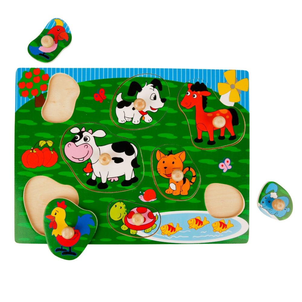 Puzzle din lemn, Animale domestice cu maner, 8 piese