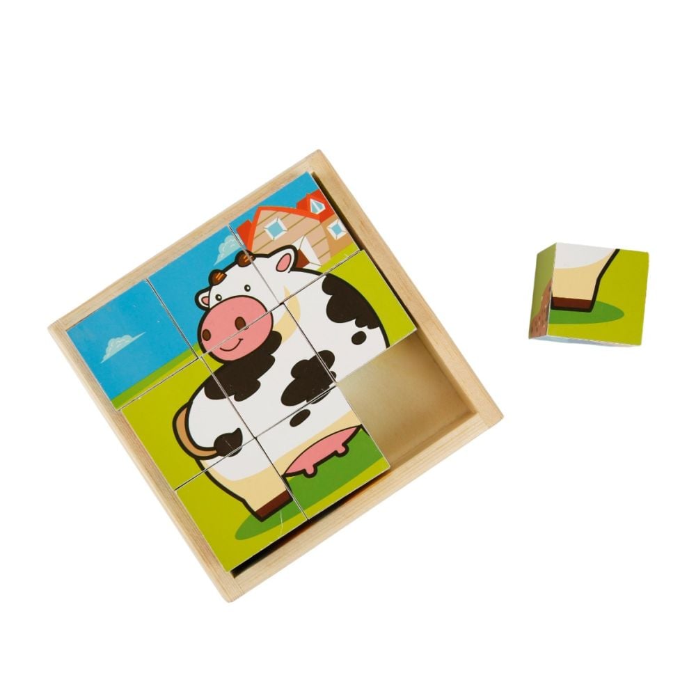 Puzzle in cub de lemn, Diverse animale, 9 piese