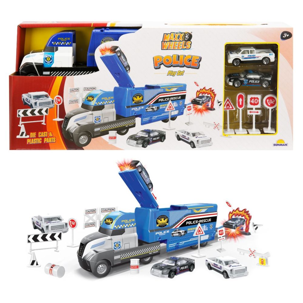 Transportator cu 2 masini politie, Maxx Wheels, 30 cm