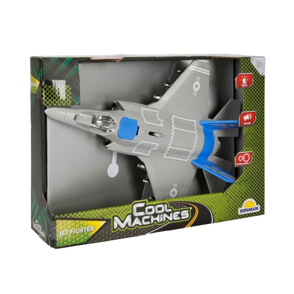 Avion Jet Fighter cu lumini si sunete, Cool Machines, 1:16, Albastru