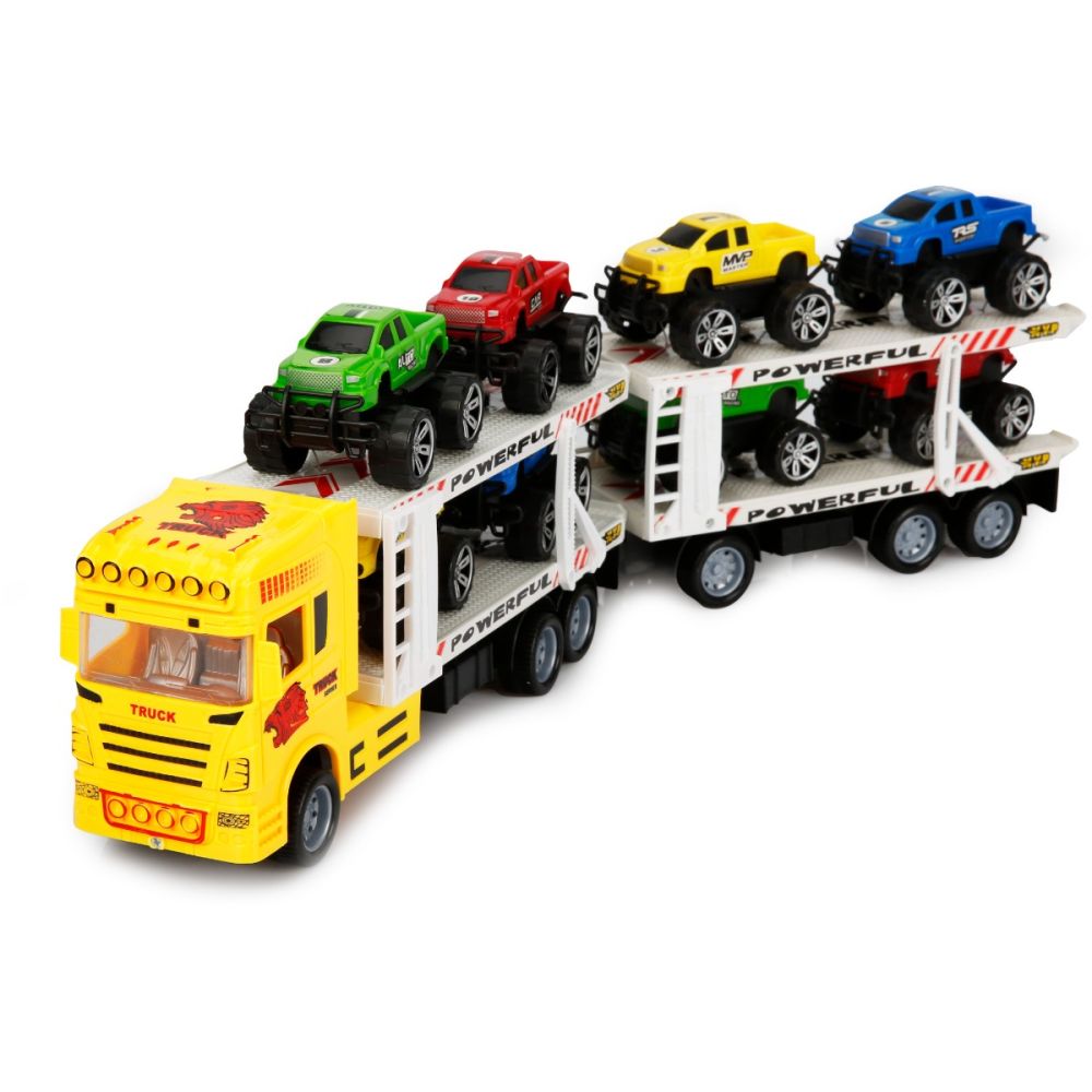 Transportator galben cu 2 niveluri si 8 masinute Jeep, Maxx Wheels 1:32, 58 cm
