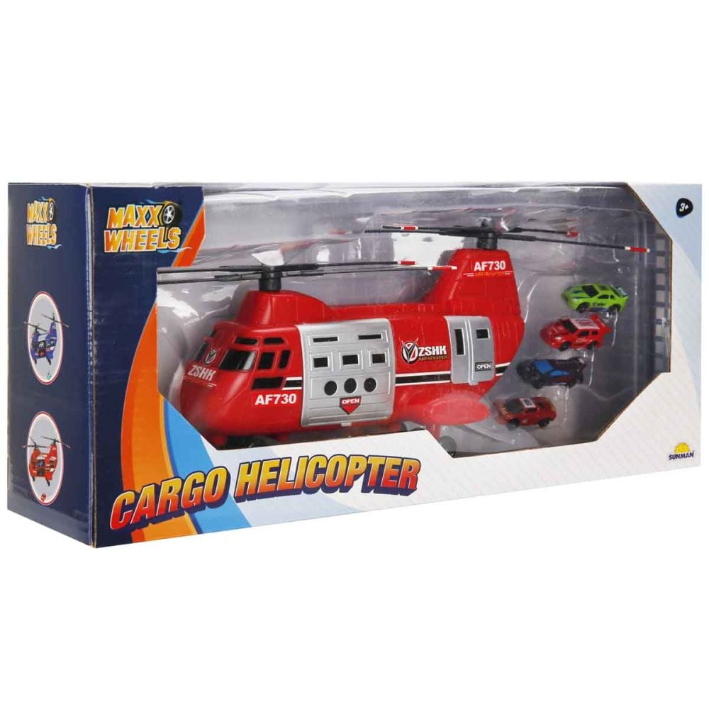 Elicopter de marfa cu 4 mini vehicule, Maxx Wheels, Rosu