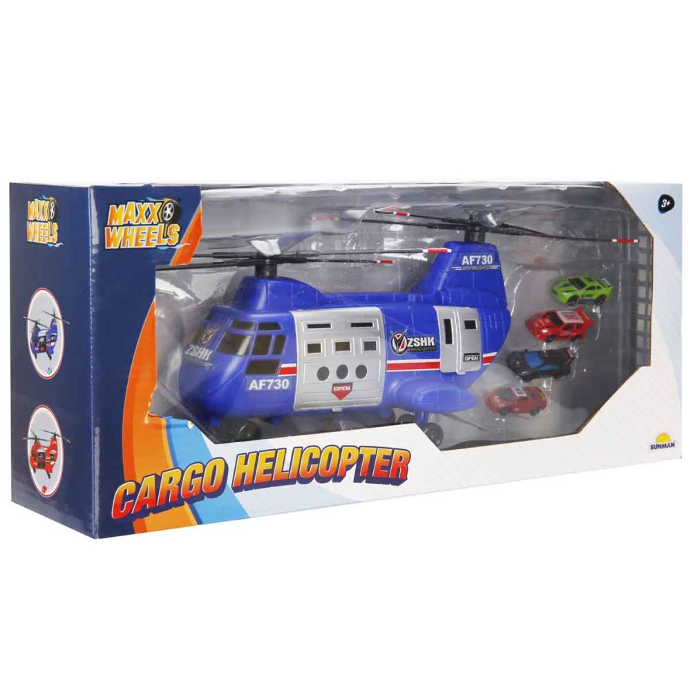 Elicopter de marfa cu 4 mini vehicule, Maxx Wheels, Albastru
