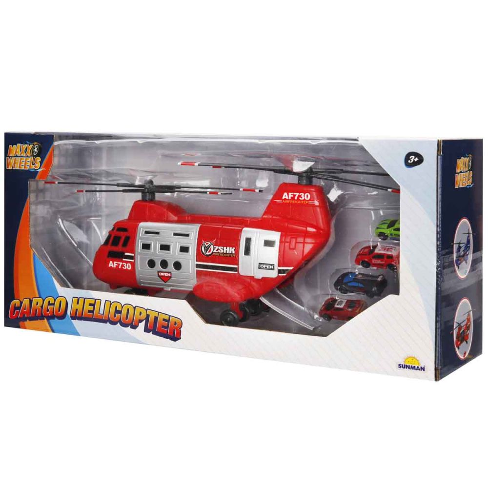 Elicopter de marfa cu 4 mini vehicule, Maxx Wheels, Rosu