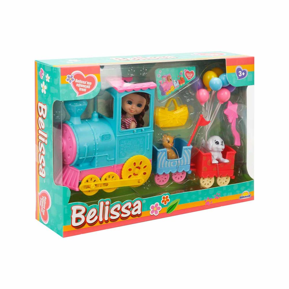 Set de joaca papusa Belissa, Trenul si animalutele dragute, Bleu