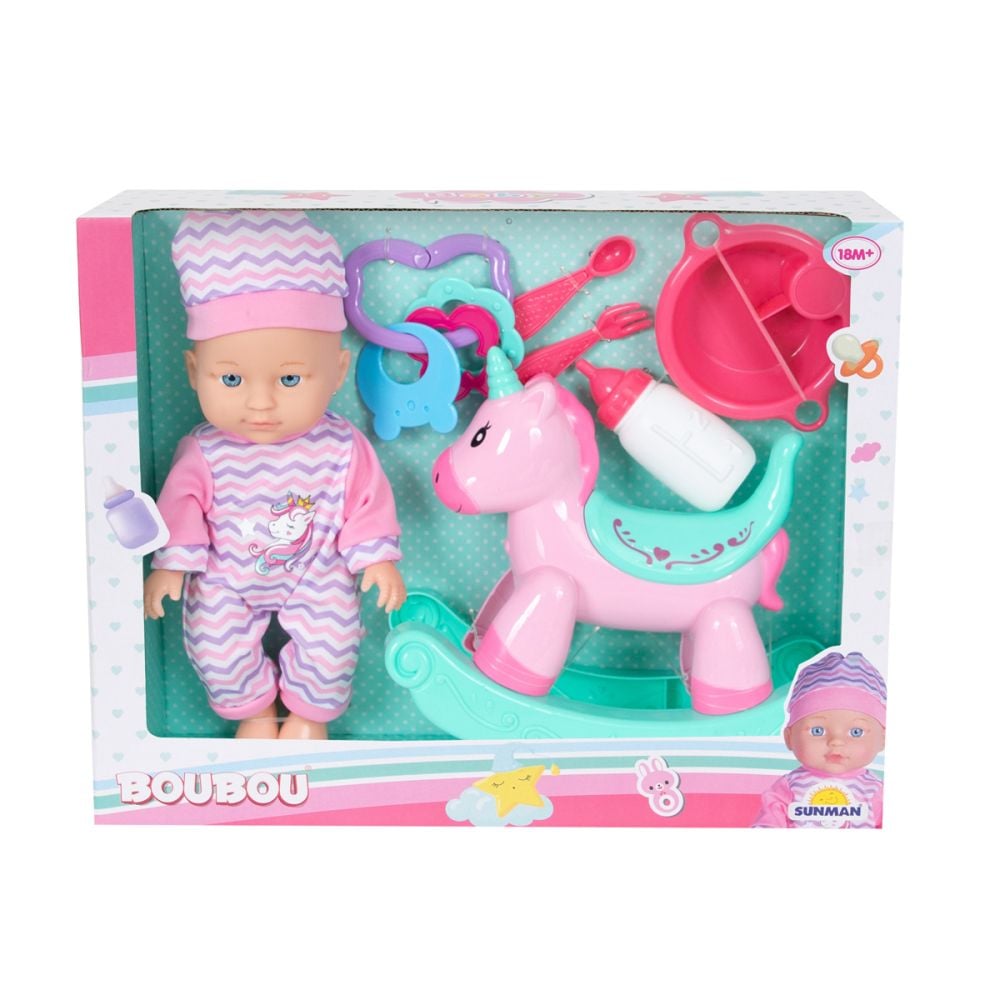 Papusa bebelus cu balansoar si accesorii, Boubou, 30 cm
