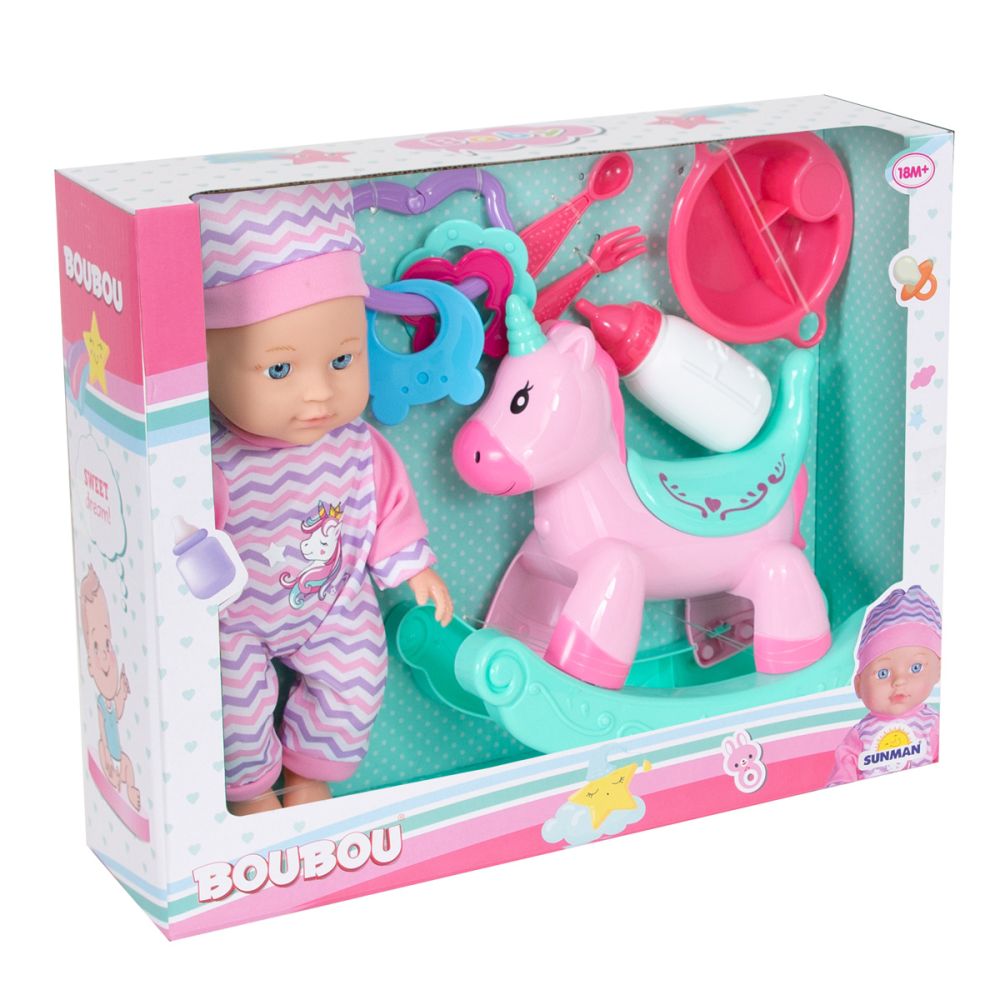 Papusa bebelus cu balansoar si accesorii, Boubou, 30 cm