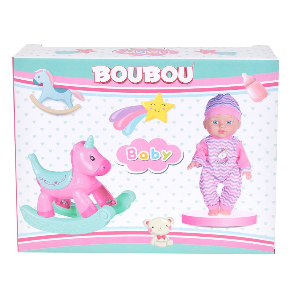 Papusa bebelus cu balansoar si accesorii, Boubou, 30 cm