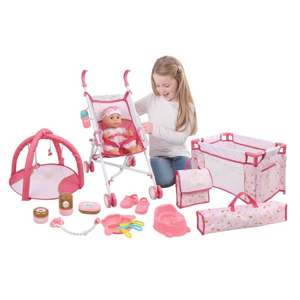 Set de calatorie cu papusa bebelus, Maia, 15 accesorii