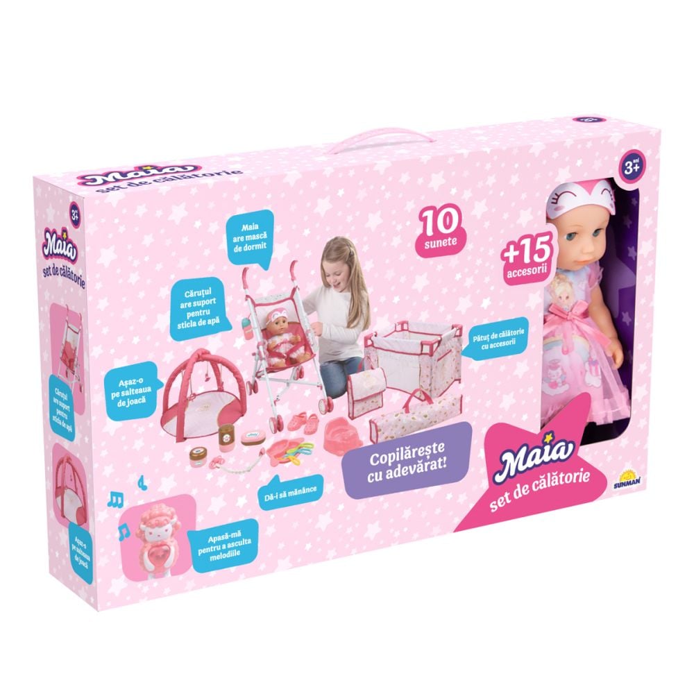Set de calatorie cu papusa bebelus, Maia, 15 accesorii