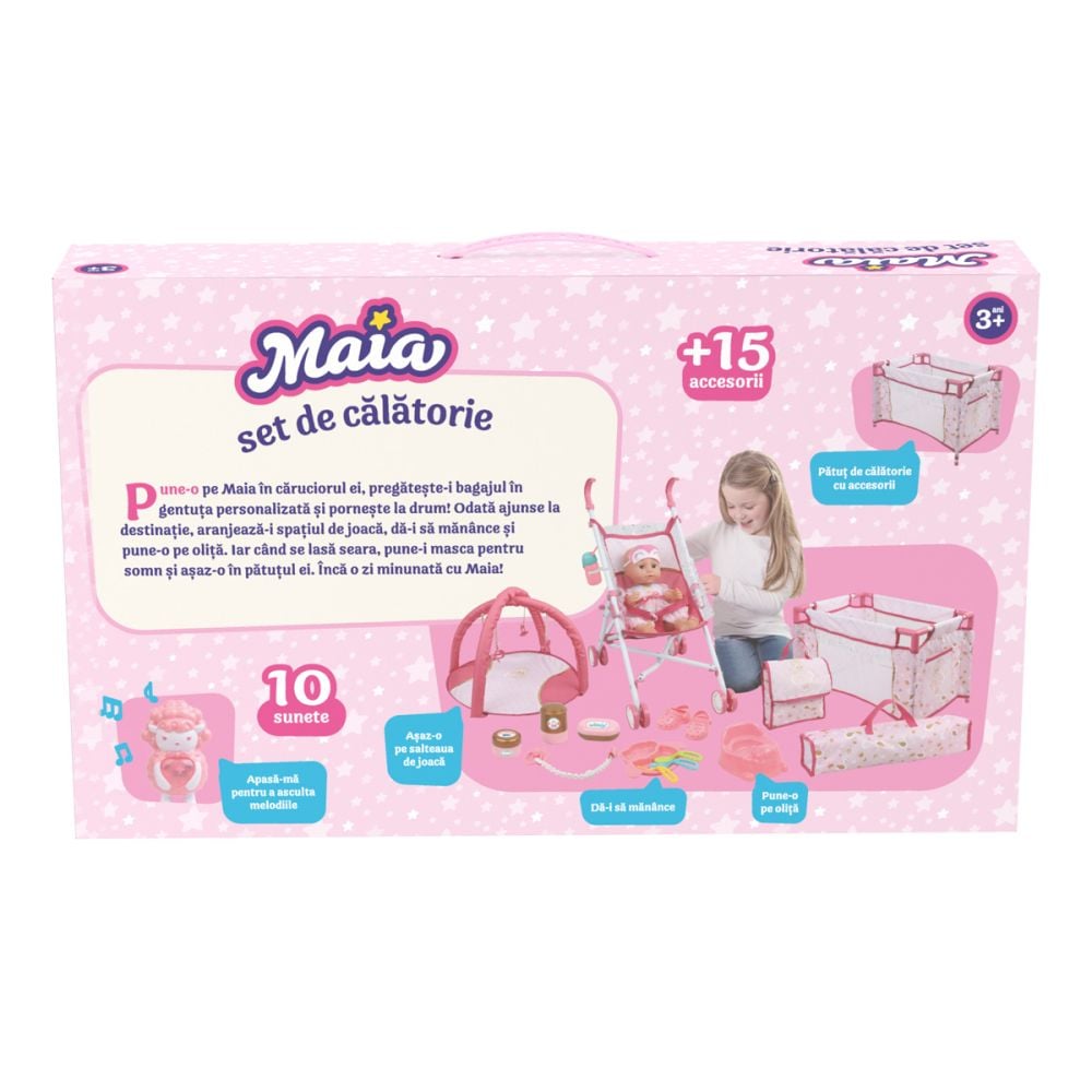 Set de calatorie cu papusa bebelus, Maia, 15 accesorii