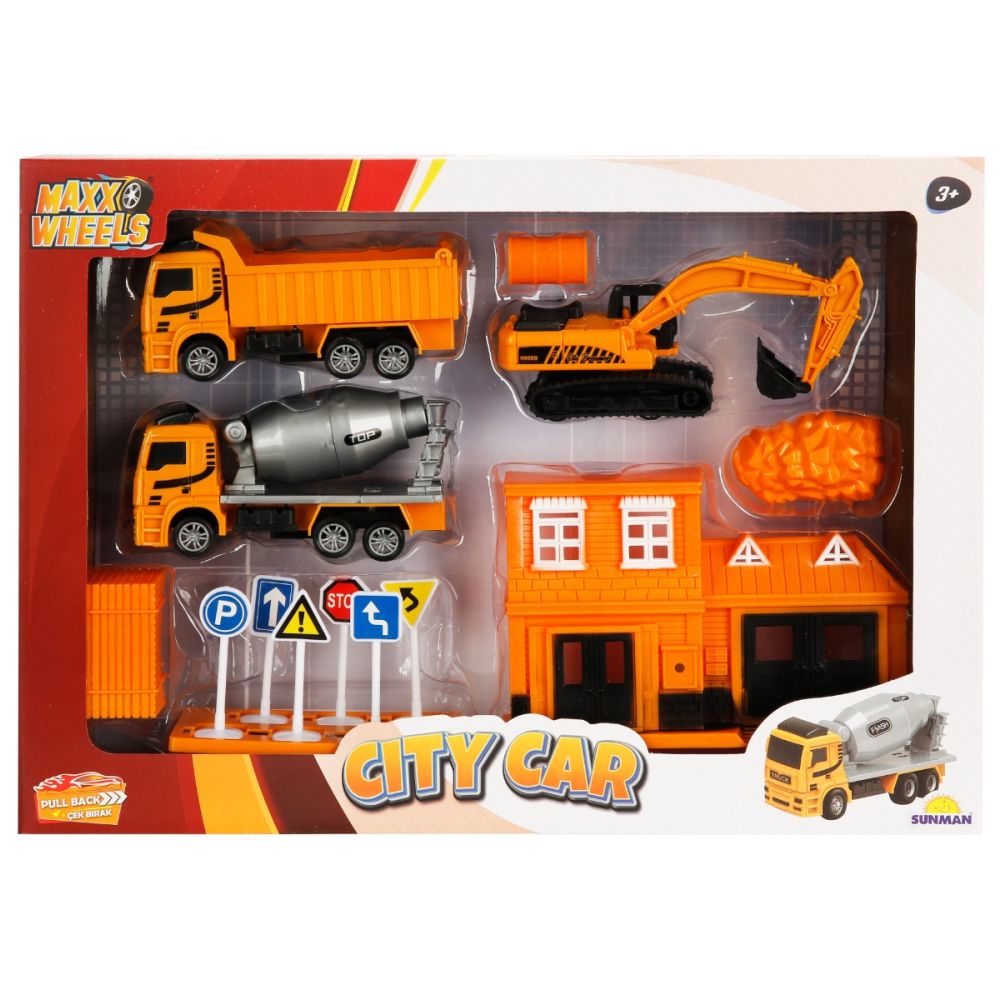 Set de joaca cu vehicule, Maxx Wheels, City Building, Portocaliu