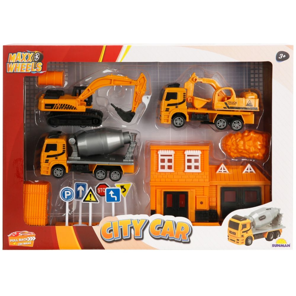 Set de joaca cu vehicule, Maxx Wheels, City Building, Portocaliu