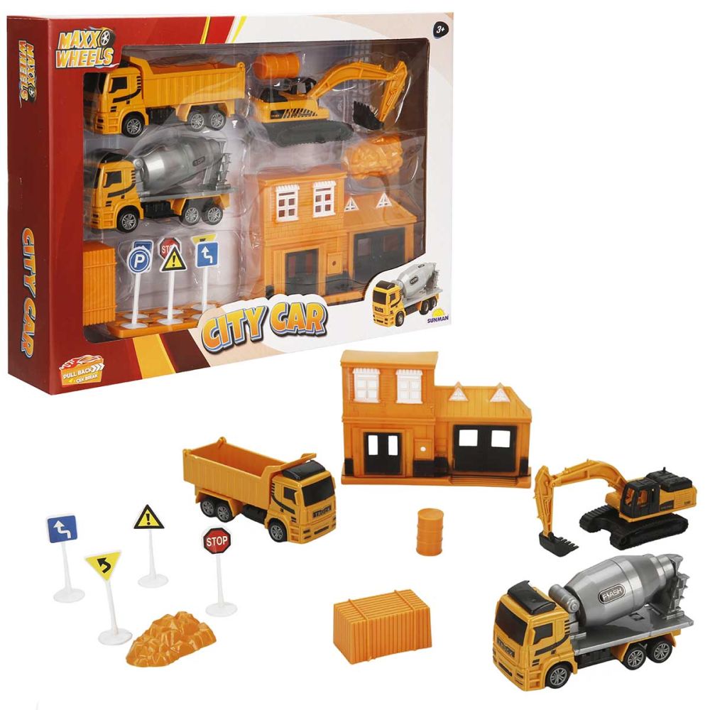 Set de joaca cu vehicule, Maxx Wheels, City Building, Portocaliu