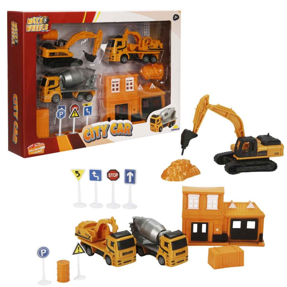 Set de joaca cu vehicule, Maxx Wheels, City Building, Portocaliu