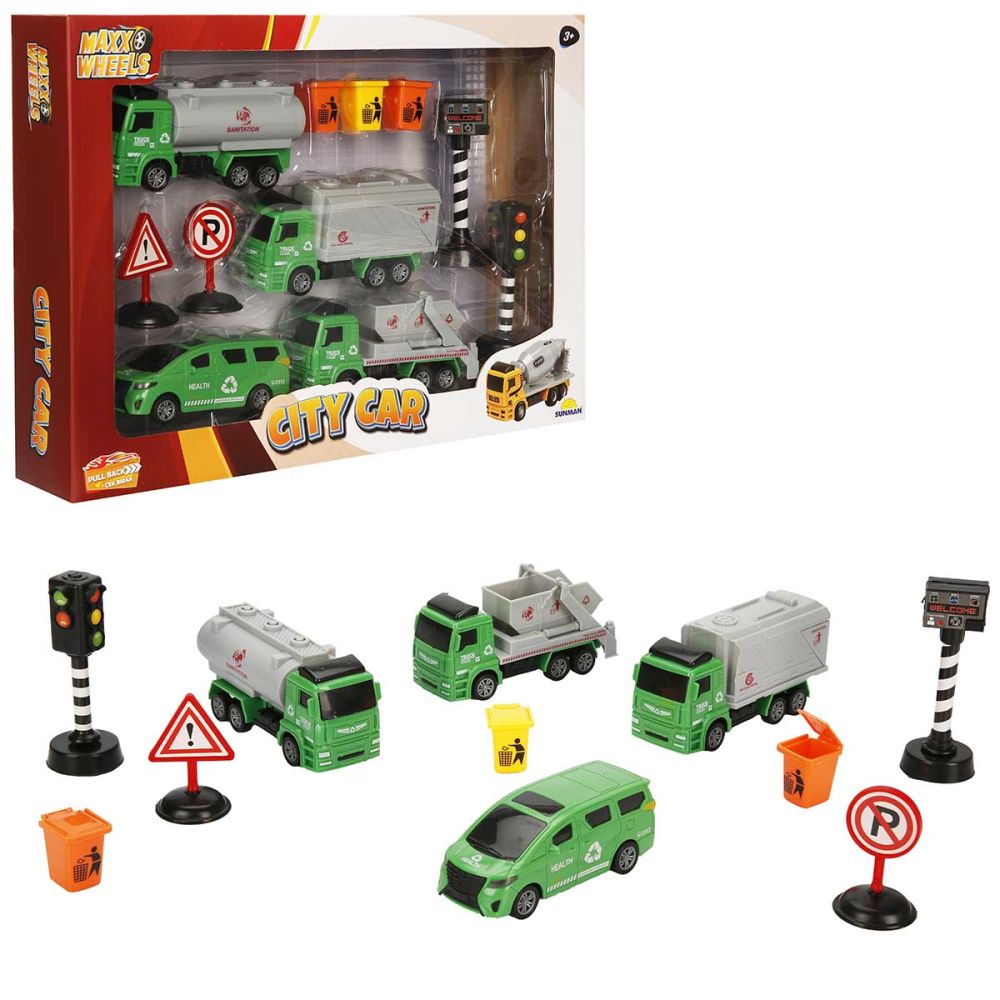 Set de joaca cu vehicule, Maxx Wheels, City Sanitation, Verde