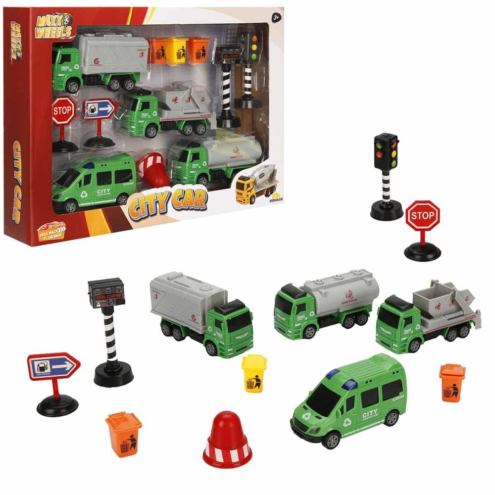 Set de joaca cu vehicule, Maxx Wheels, City Sanitation, Verde