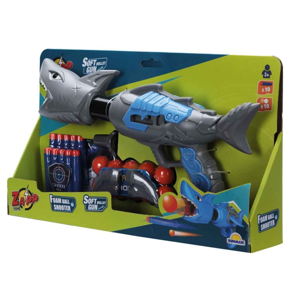 Arma de jucarie cu 10 sageti si bile din burete, Zapp Toys, Shark, Gri