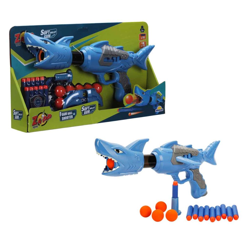 Arma de jucarie cu 10 sageti si bile din burete, Zapp Toys, Shark, Albastru