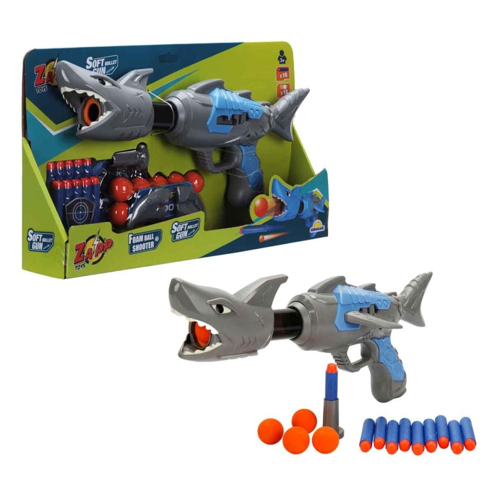 Arma de jucarie cu 10 sageti si bile din burete, Zapp Toys, Shark, Gri