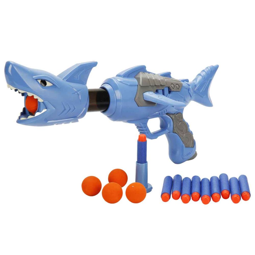 Arma de jucarie cu 10 sageti si bile din burete, Zapp Toys, Shark, Albastru
