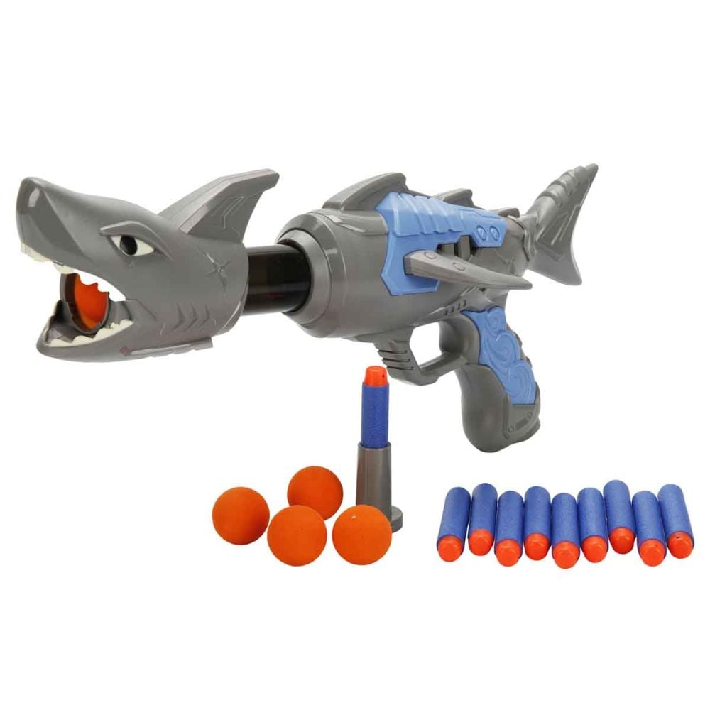 Arma de jucarie cu 10 sageti si bile din burete, Zapp Toys, Shark, Gri