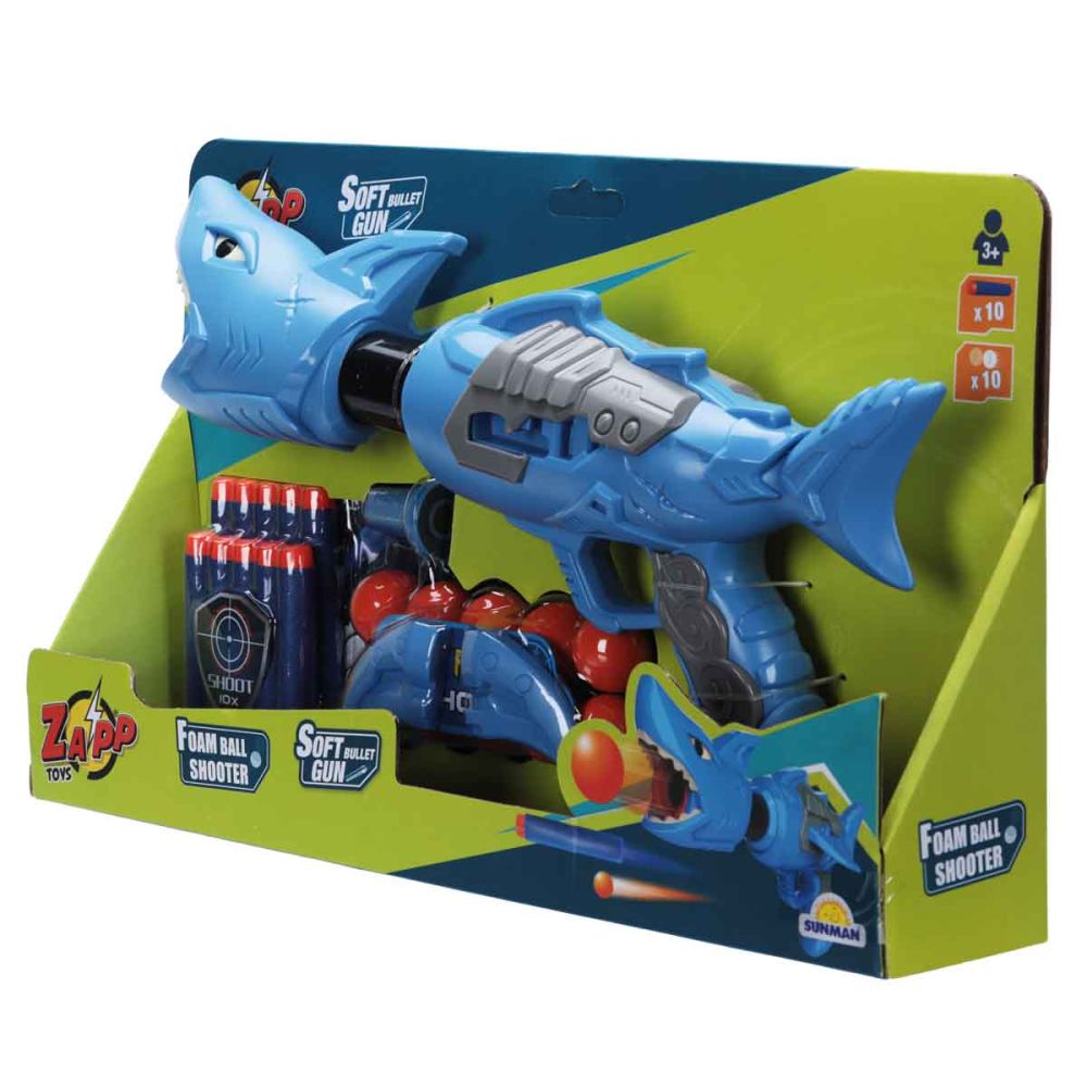 Arma de jucarie cu 10 sageti si bile din burete, Zapp Toys, Shark, Albastru