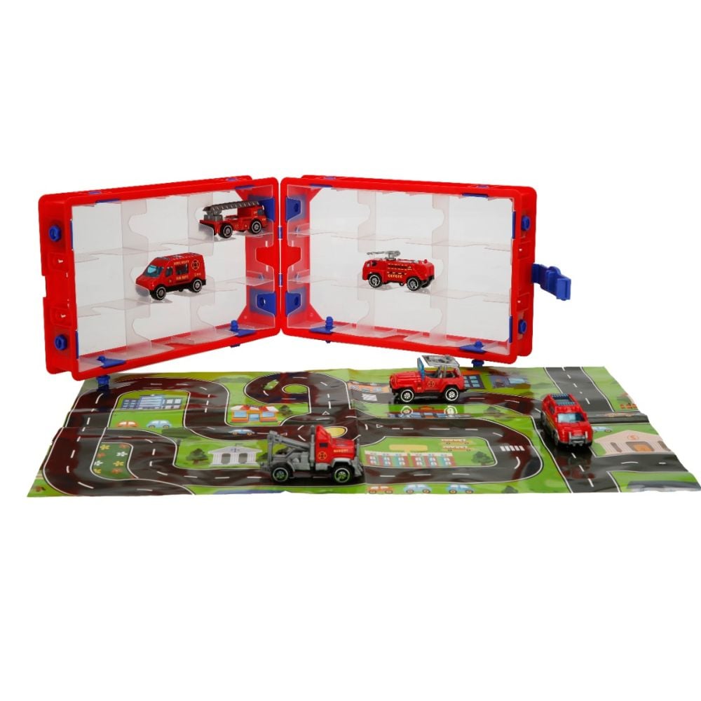 Set 6 vehicule si harta orasului, Maxx Wheels, Carry Case, 1:64