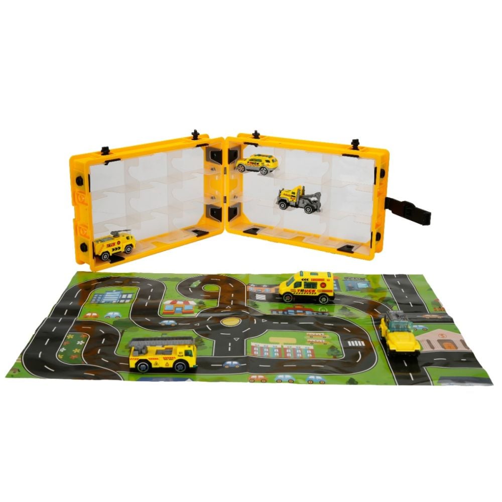 Set 6 vehicule si harta orasului, Maxx Wheels, Carry Case, 1:64