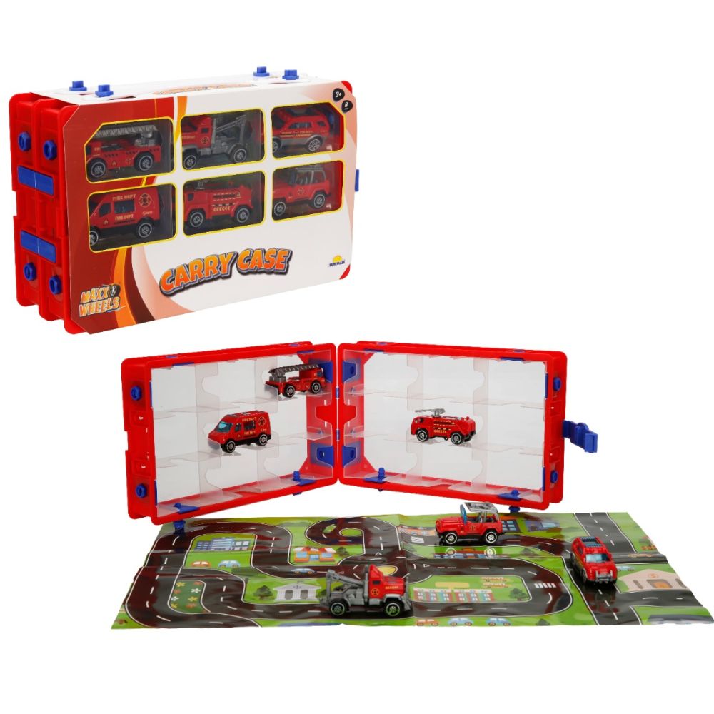 Set 6 vehicule si harta orasului, Maxx Wheels, Carry Case, 1:64