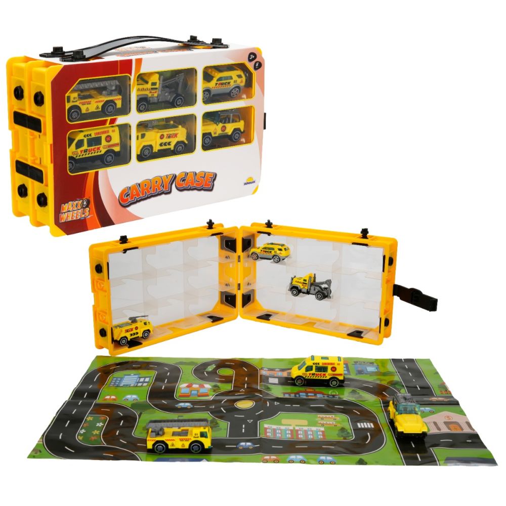 Set 6 vehicule si harta orasului, Maxx Wheels, Carry Case, 1:64