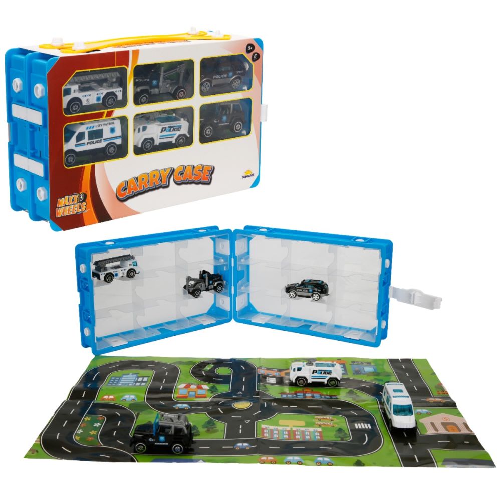 Set 6 vehicule si harta orasului, Maxx Wheels, Carry Case, 1:64