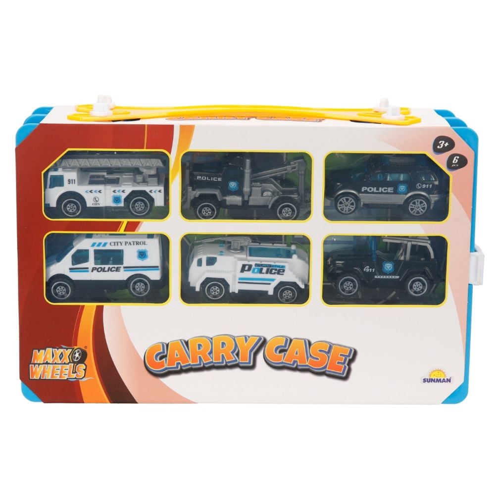 Set 6 vehicule si harta orasului, Maxx Wheels, Carry Case, 1:64