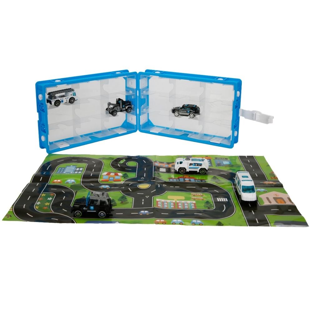 Set 6 vehicule si harta orasului, Maxx Wheels, Carry Case, 1:64