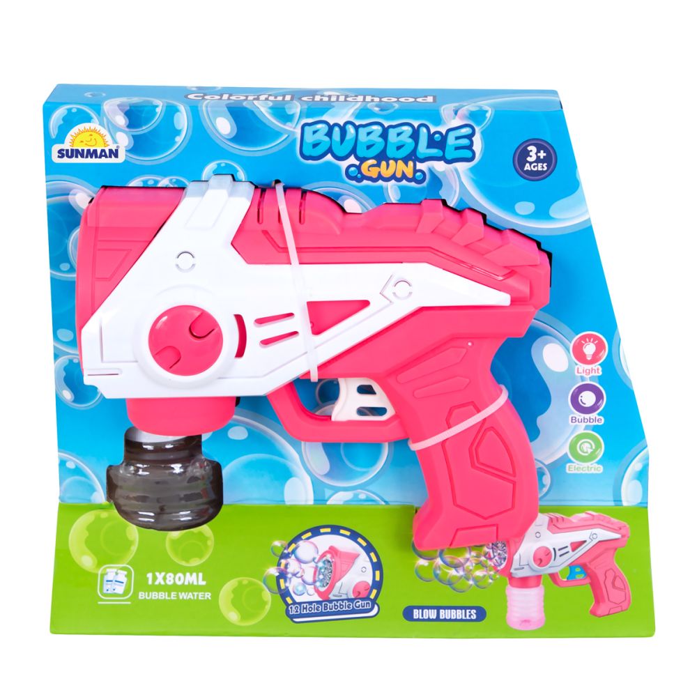 Pistol de facut baloane cu lumini si sunete, Bubble Gun, 160 ml, Roz