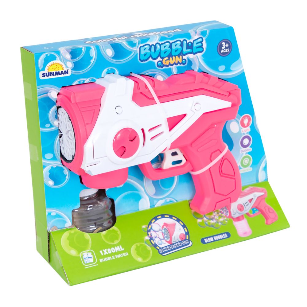Pistol de facut baloane cu lumini si sunete, Bubble Gun, 160 ml, Roz