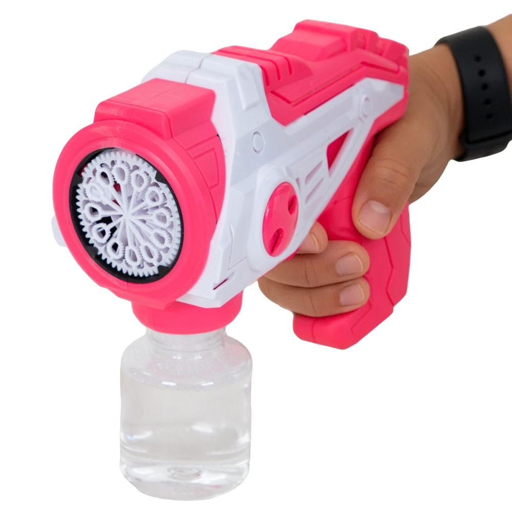 Pistol de facut baloane cu lumini si sunete, Bubble Gun, 160 ml, Roz