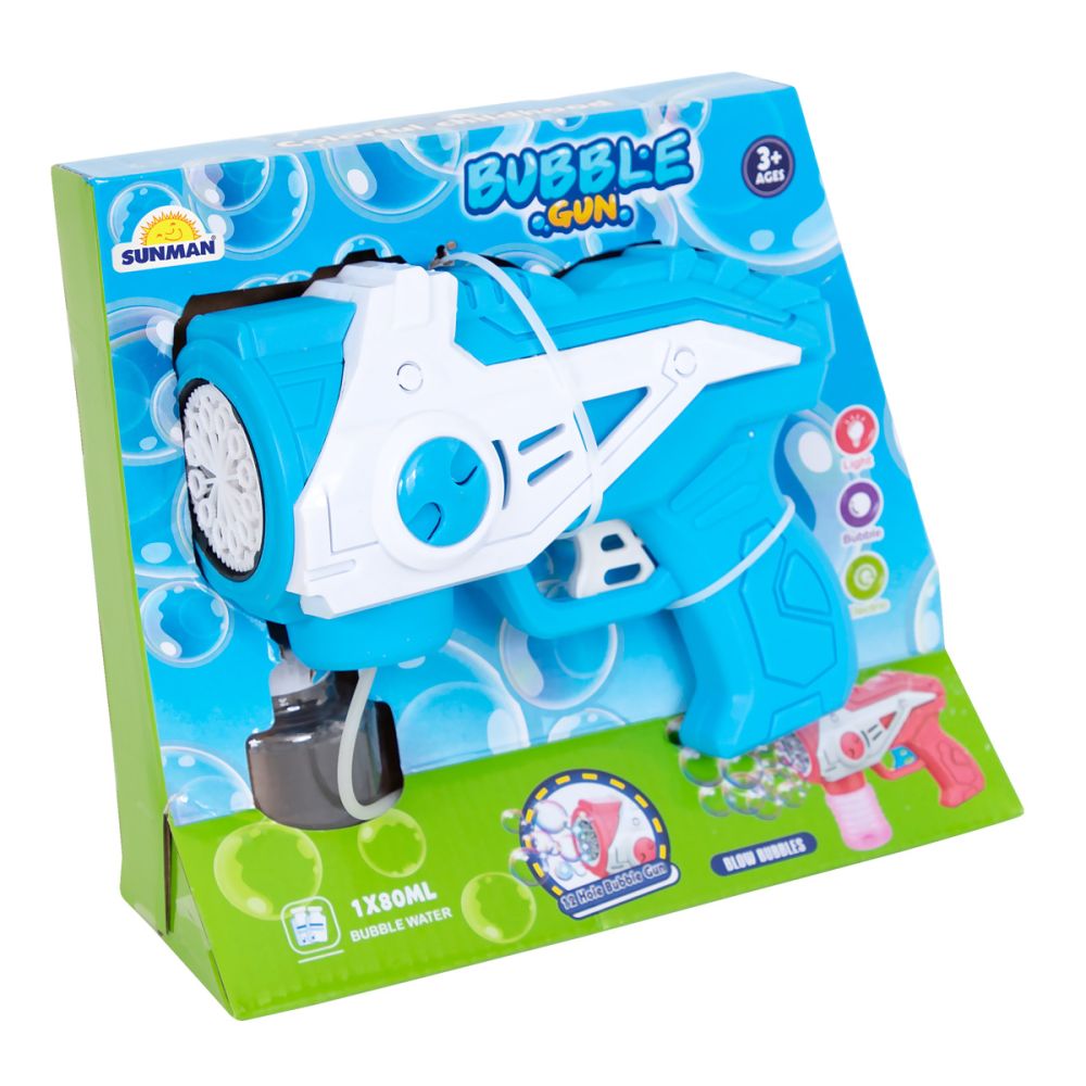 Pistol de facut baloane cu lumini si sunete, Bubble Gun, 160 ml, Albastru