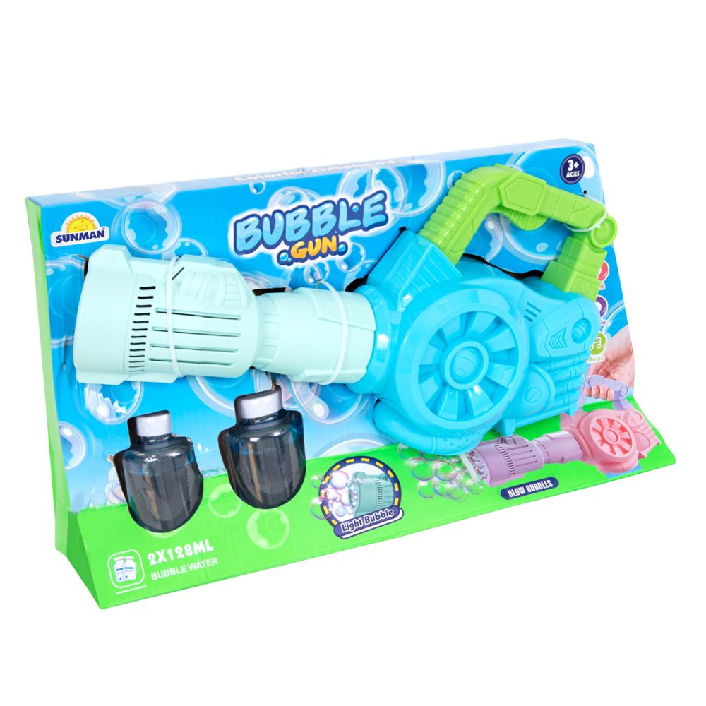 Pistol de facut baloane cu lumini si sunete, Bubble Gun, 256 ml, Albastru